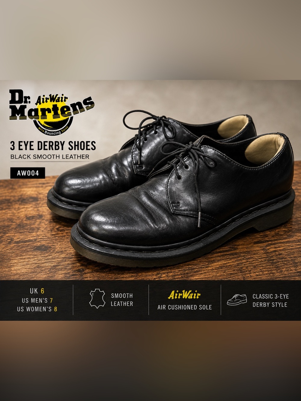 Vintage Dr. Martens 3 Eye Derby Shoes Black Leather Oxford US Men 7 Women 8